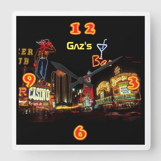 Neon Vegas Home Bar Personalized Square Wall Clock (Front)