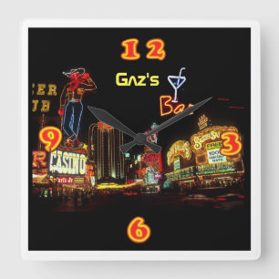 Neon Vegas Home Bar Personalized Square Wall Clock