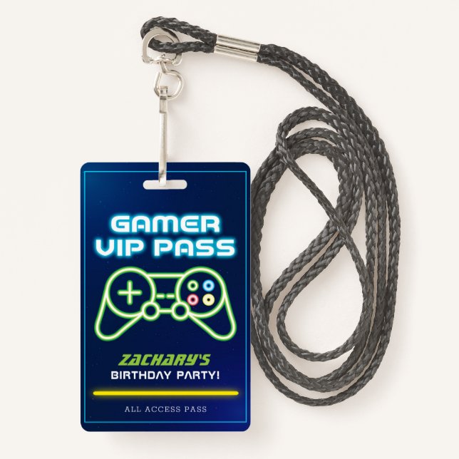 Neon Video Game Arcade Party VIP Badge (Front with Lanyard)