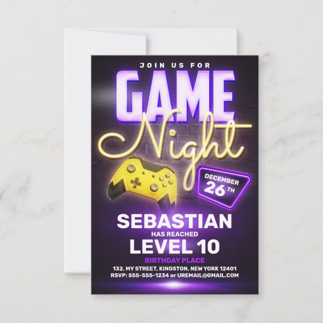 Neon Video Game Birthday Party Fun Gaming Invitation (Front)