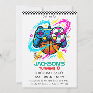 Neon Video Game & Sports Birthday Invitation