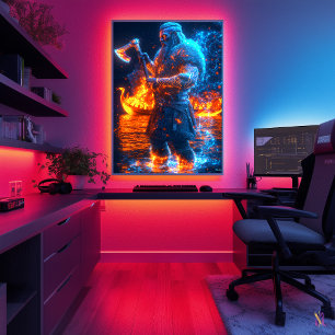 Neon Viking Berserker – Cyber Norse Warrior Poster