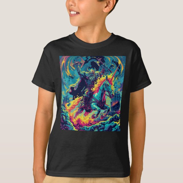 Neon Viking Warrior Riding Flaming Unicorn T-Shirt (Front)