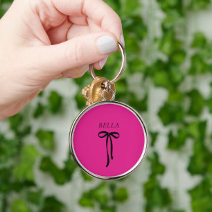 neon vivid pink with black bow  keychain