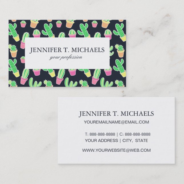 Neon Watercolor Cacti in Pots Pattern Business Card (Front/Back)