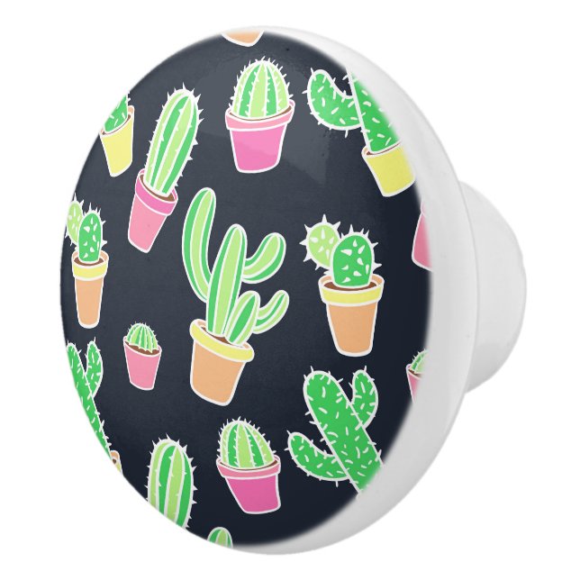 Neon Watercolor Cacti in Pots Pattern Ceramic Knob (Right)