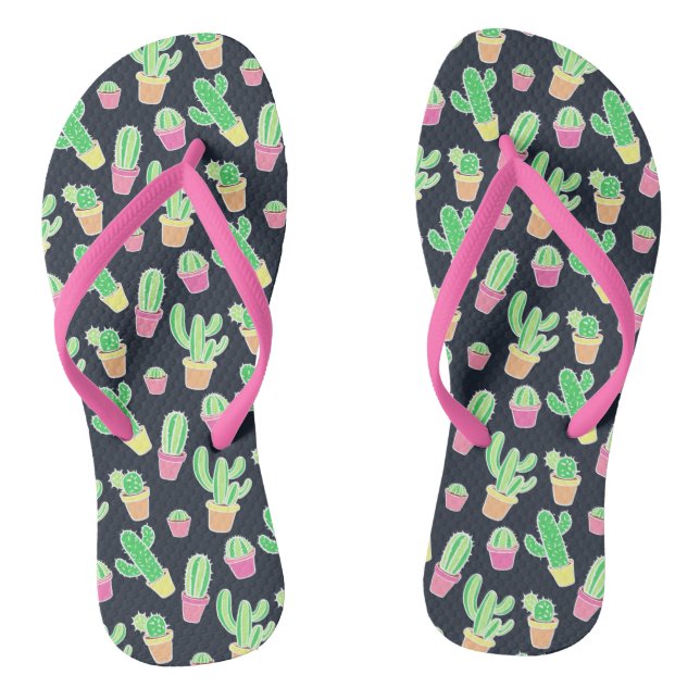 Neon Watercolor Cacti in Pots Pattern Flip Flops (Footbed)