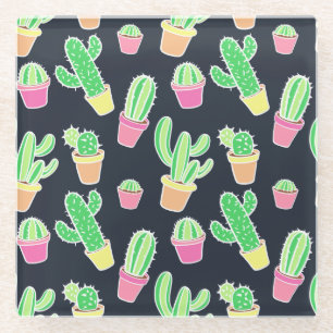 Neon Watercolor Cacti in Pots Pattern Glass Coaster