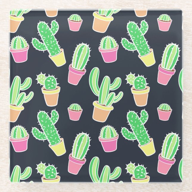 Neon Watercolor Cacti in Pots Pattern Glass Coaster (Front)