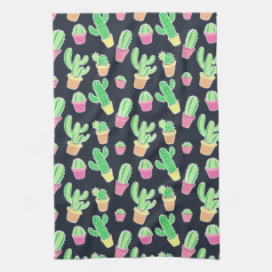 Neon Watercolor Cacti in Pots Pattern Kitchen Towel