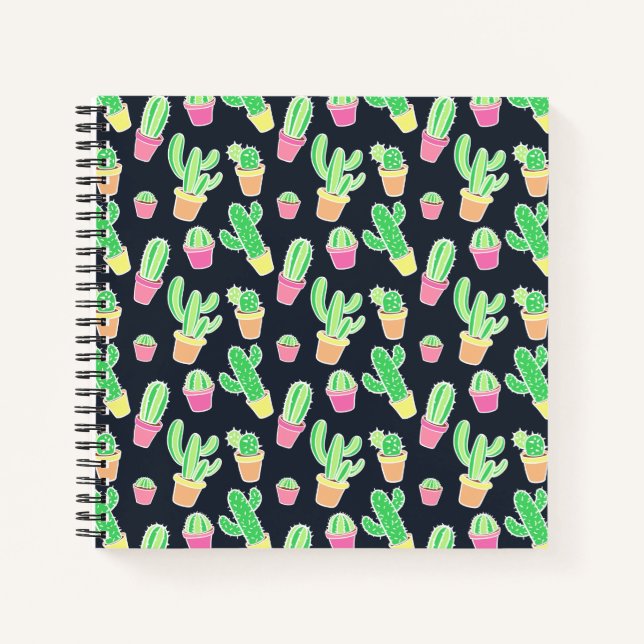Neon Watercolor Cacti in Pots Pattern Notebook (Front)