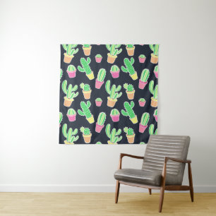 Neon Watercolor Cacti in Pots Pattern Tapestry