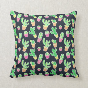 Neon Watercolor Cacti in Pots Pattern Throw Pillow