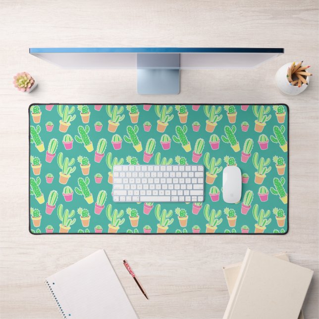 Neon Watercolor Cactus In Pots Pattern 2 Desk Mat (Office 1)