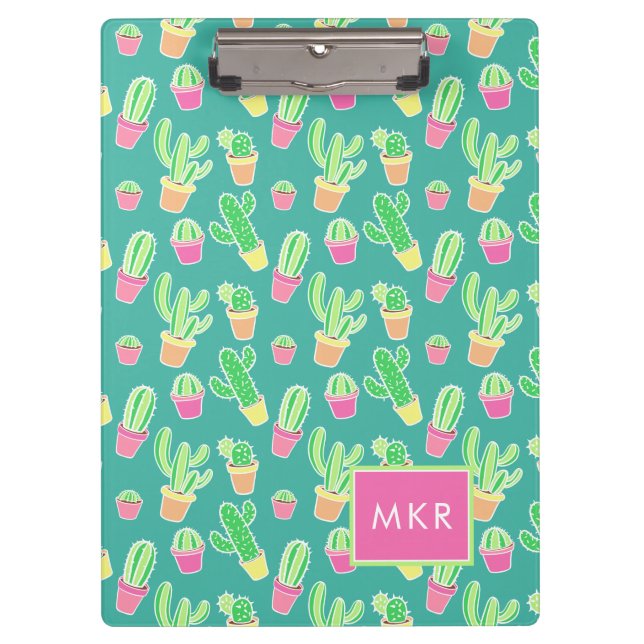 Neon Watercolor Cactus In Pots Pattern Clipboard (Front)