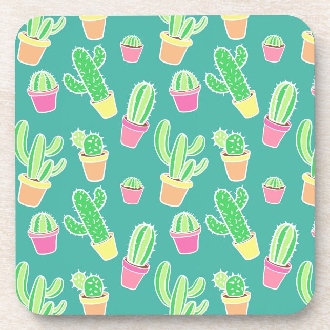 Neon Watercolor Cactus In Pots Pattern Coaster (Front)