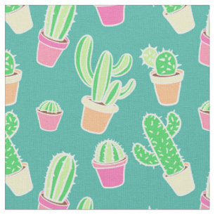 Neon Watercolor Cactus In Pots Pattern Fabric