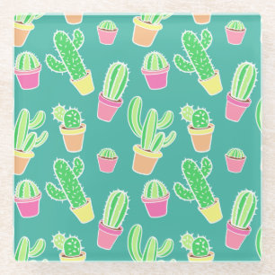 Neon Watercolor Cactus In Pots Pattern Glass Coaster
