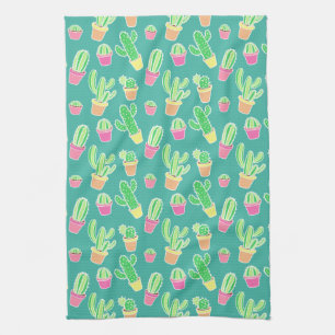 Neon Watercolor Cactus In Pots Pattern Kitchen Towel