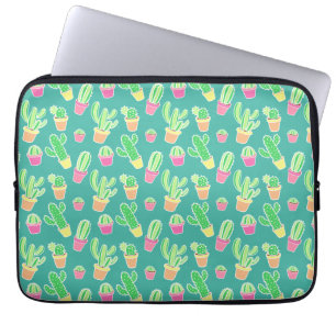 Neon Watercolor Cactus In Pots Pattern Laptop Sleeve