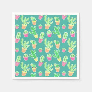 Neon Watercolor Cactus In Pots Pattern Napkin