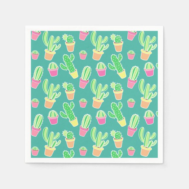 Neon Watercolor Cactus In Pots Pattern Napkin (Front)