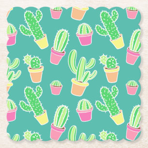 Neon Watercolor Cactus In Pots Pattern Paper Coaster