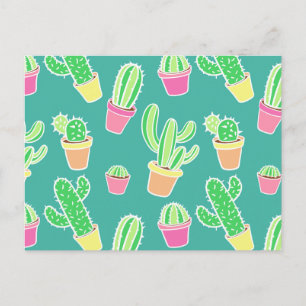 Neon Watercolor Cactus In Pots Pattern Postcard