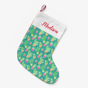 Neon Watercolor Cactus In Pots Pattern Small Christmas Stocking