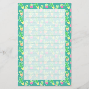 Neon Watercolor Cactus In Pots Pattern Stationery