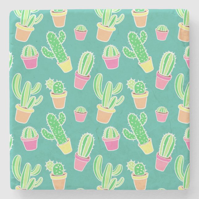 Neon Watercolor Cactus In Pots Pattern Stone Coaster (Front)
