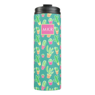 Neon Watercolor Cactus In Pots Pattern Thermal Tumbler