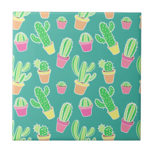 Neon Watercolor Cactus In Pots Pattern Tile