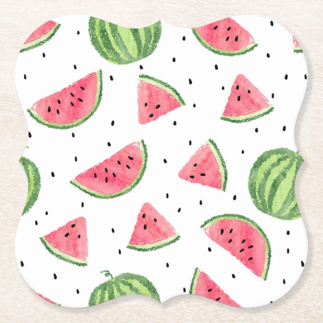 Neon Watercolor Watermelons Pattern Paper Coaster (Front)