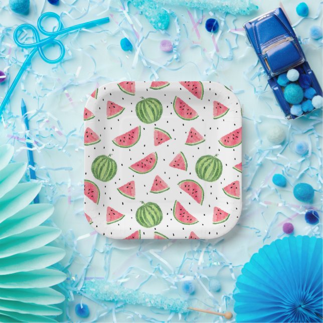 Neon Watercolor Watermelons Pattern Paper Plate (Party)
