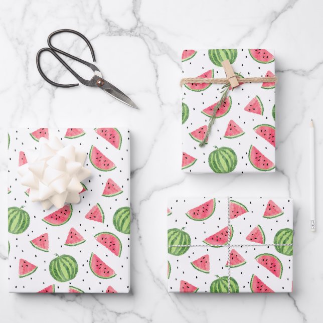 Neon Watercolor Watermelons Pattern Wrapping Paper Sheet (Front)
