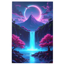 Neon Waterfall Landscape with Mountain