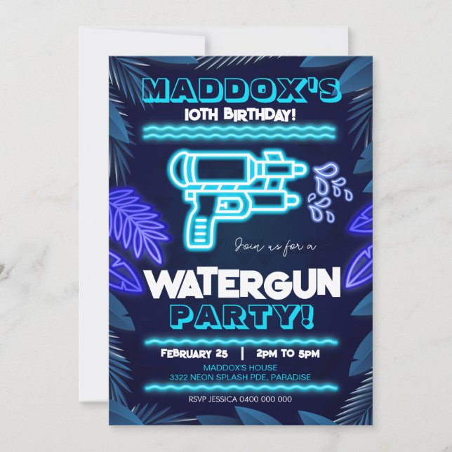 Neon Watergun Party Invitation Summer (Front)