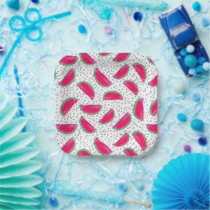 Neon Watermelon on Seeds Pattern Paper Plate