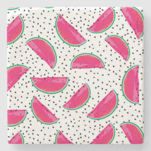 Neon Watermelon on Seeds Pattern Stone Coaster