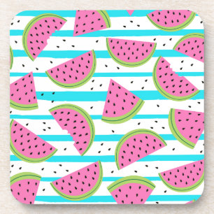Neon Watermelon on Stripes Pattern Coaster