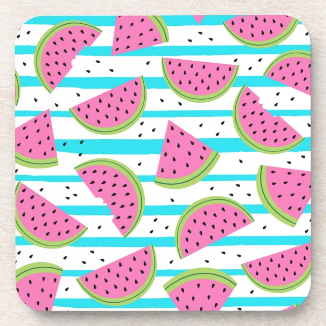 Neon Watermelon on Stripes Pattern Coaster (Front)