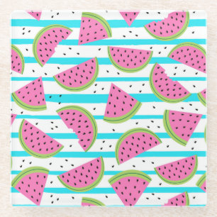 Neon Watermelon on Stripes Pattern Glass Coaster