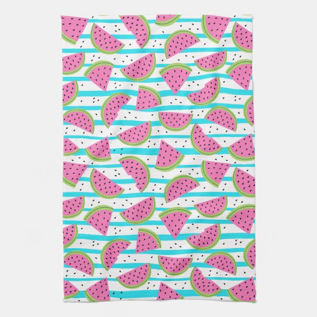 Neon Watermelon on Stripes Pattern Kitchen Towel (Vertical)