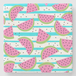Neon Watermelon on Stripes Pattern Stone Coaster