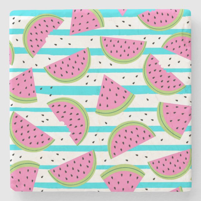 Neon Watermelon on Stripes Pattern Stone Coaster (Front)