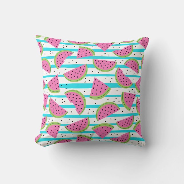Neon Watermelon on Stripes Pattern Throw Pillow (Front)