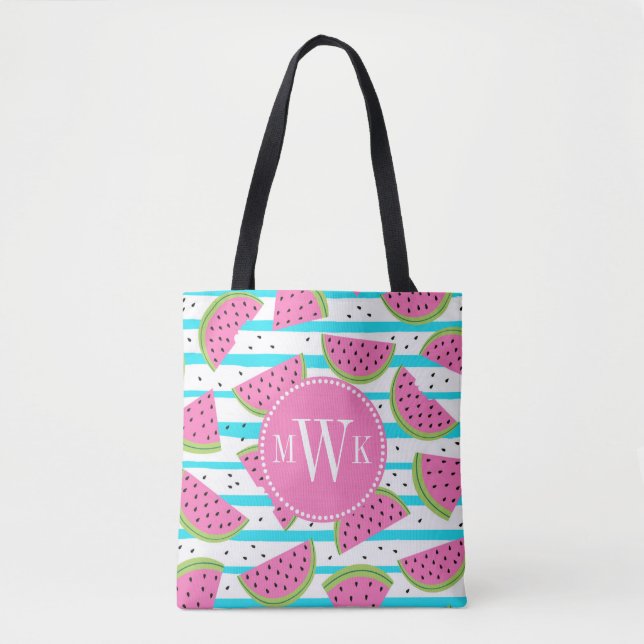 Neon Watermelon on Stripes Pattern Tote Bag (Front)