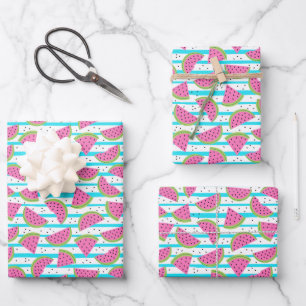 Neon Watermelon on Stripes Pattern Wrapping Paper Sheet
