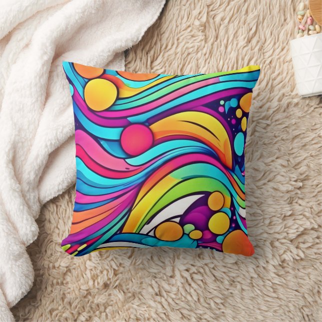 Neon Waves Vibrant Cosmos Throw Pillow (Blanket)